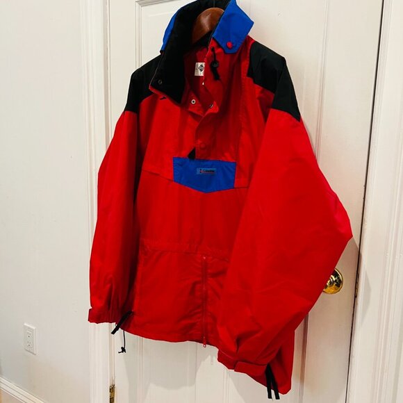 Vintage Colombia Pullover Anorak Jacket Coat Men’s L Red Blue Kangaroo Pocket - Picture 4 of 16